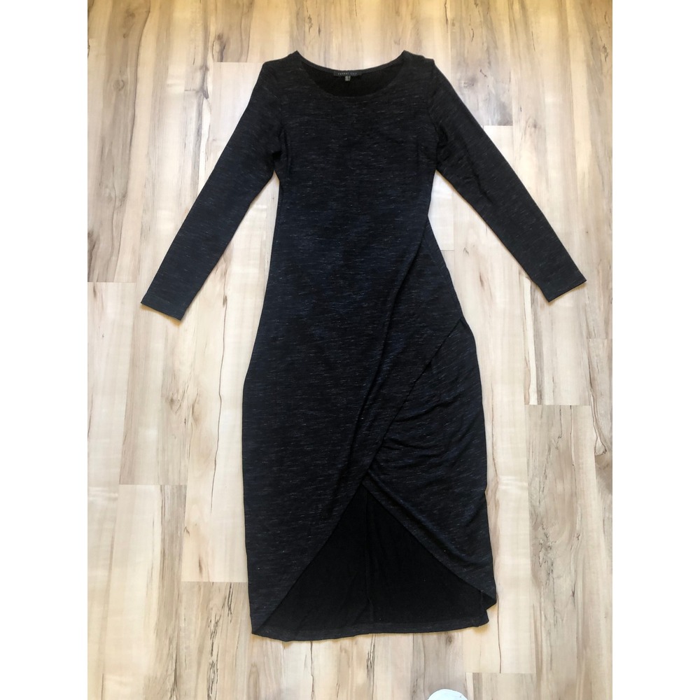 Forest Lily Charcoal Grey Space Dye Long Sleeve Tulip Hem Drape Midi Dress Large
